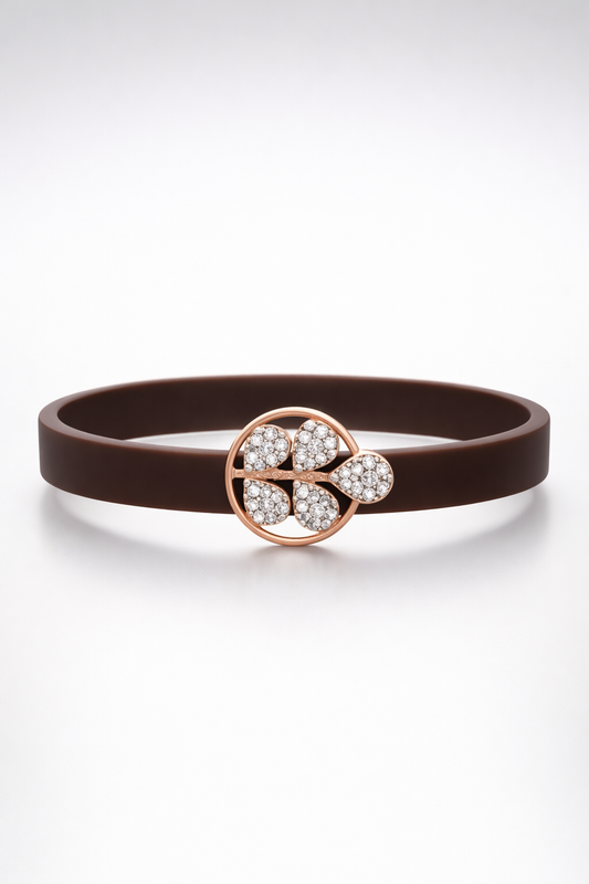 Elegant Brown Silicon Bracelet with Rose Gold Clover & Diamond Accents