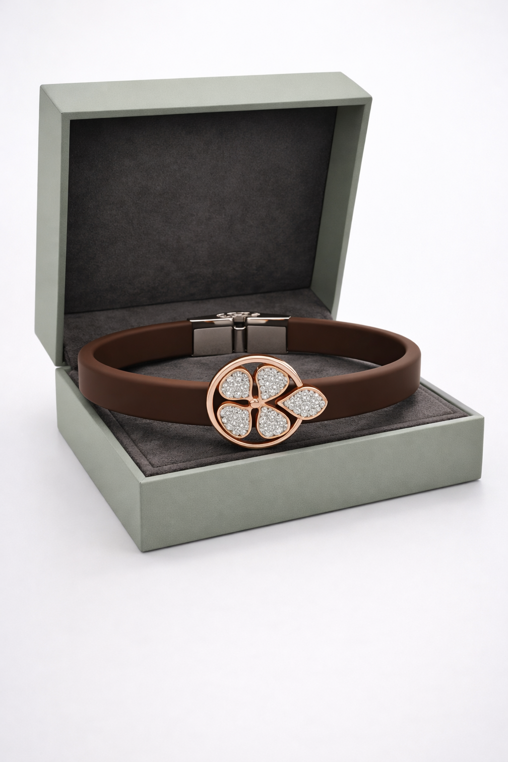 Elegant Brown Silicon Bracelet with Rose Gold Clover & Diamond Accents