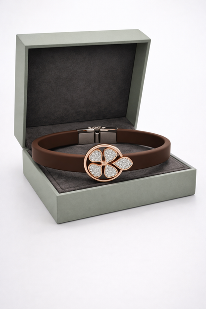 Elegant Brown Silicon Bracelet with Rose Gold Clover & Diamond Accents