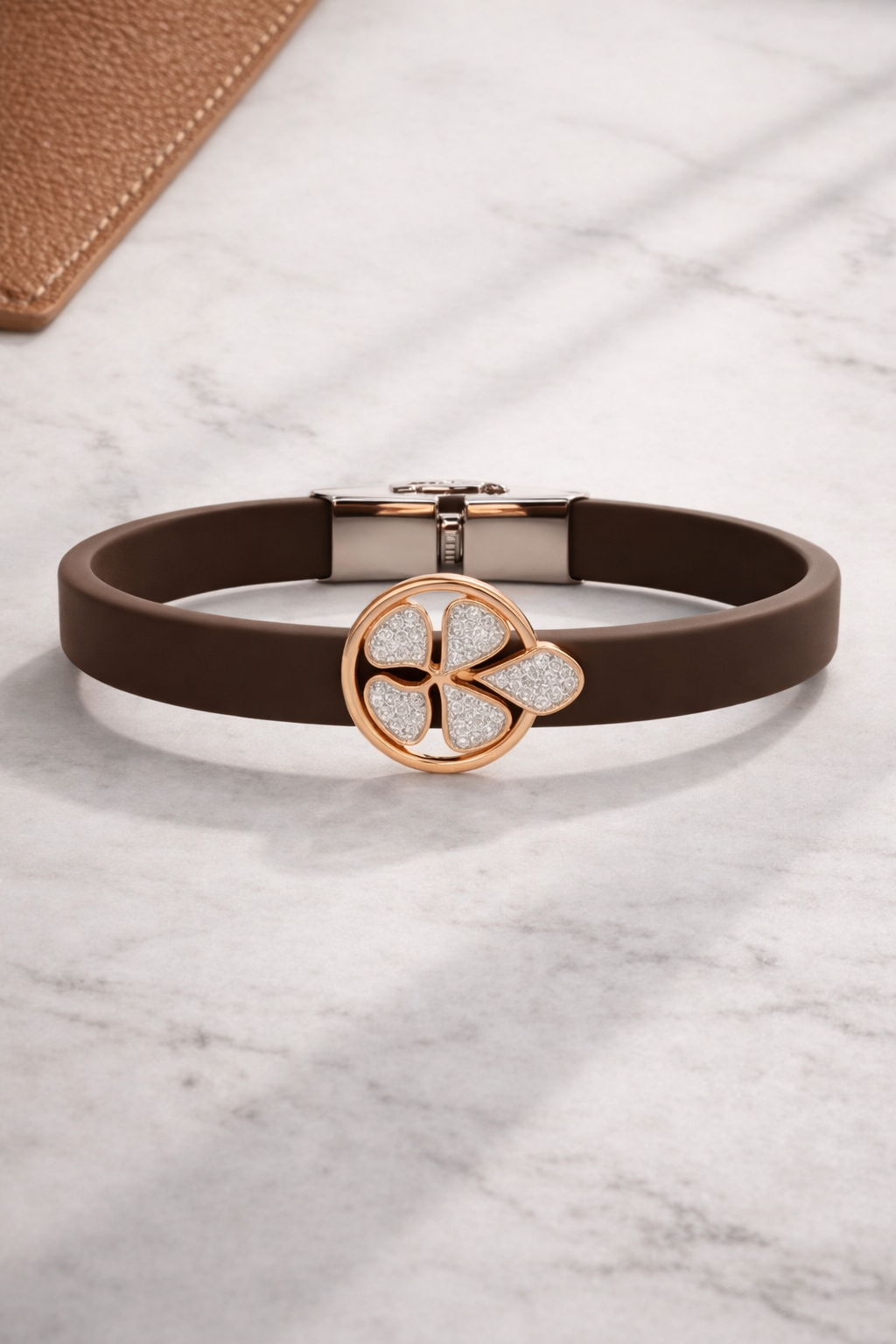 Elegant Brown Silicon Bracelet with Rose Gold Clover & Diamond Accents