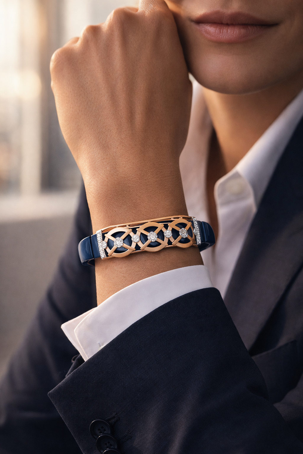 Premium Navy Stretch Bracelet with Rose Gold & Diamond Accents