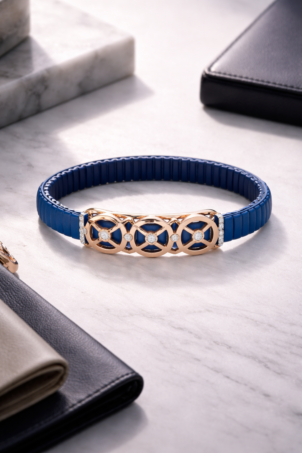 Premium Navy Stretch Bracelet with Rose Gold & Diamond Accents