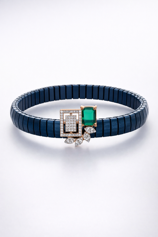 Premium Blue Enamel Stretch Bracelet with Emerald Cut Green Gem & Diamond Finish