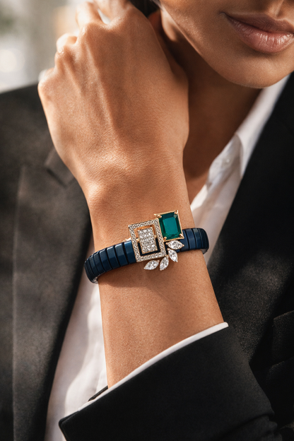 Premium Blue Enamel Stretch Bracelet with Emerald Cut Green Gem & Diamond Finish