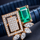 Premium Blue Enamel Stretch Bracelet with Emerald Cut Green Gem & Diamond Finish