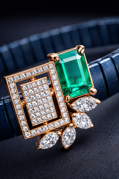 Premium Blue Enamel Stretch Bracelet with Emerald Cut Green Gem & Diamond Finish
