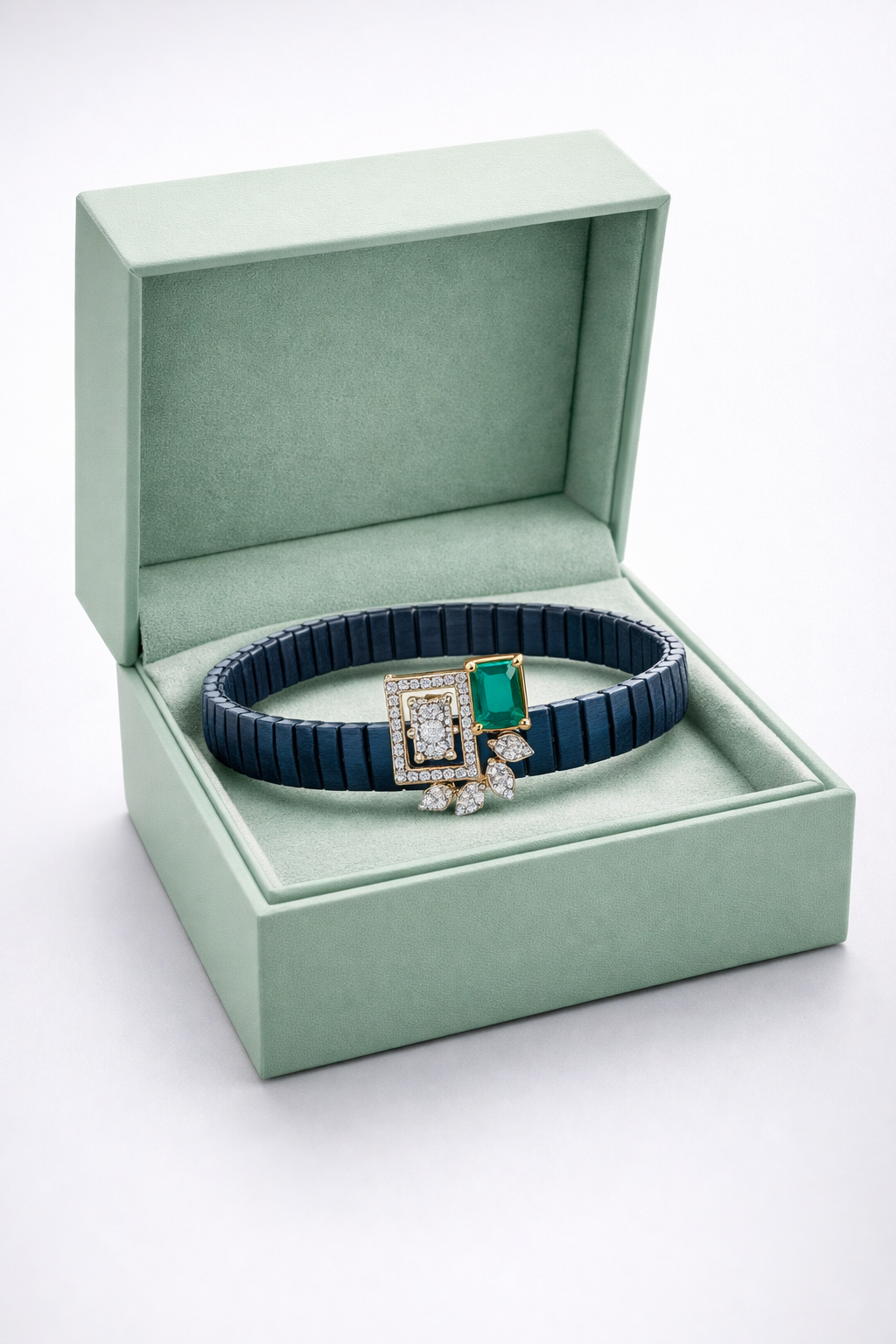 Premium Blue Enamel Stretch Bracelet with Emerald Cut Green Gem & Diamond Finish