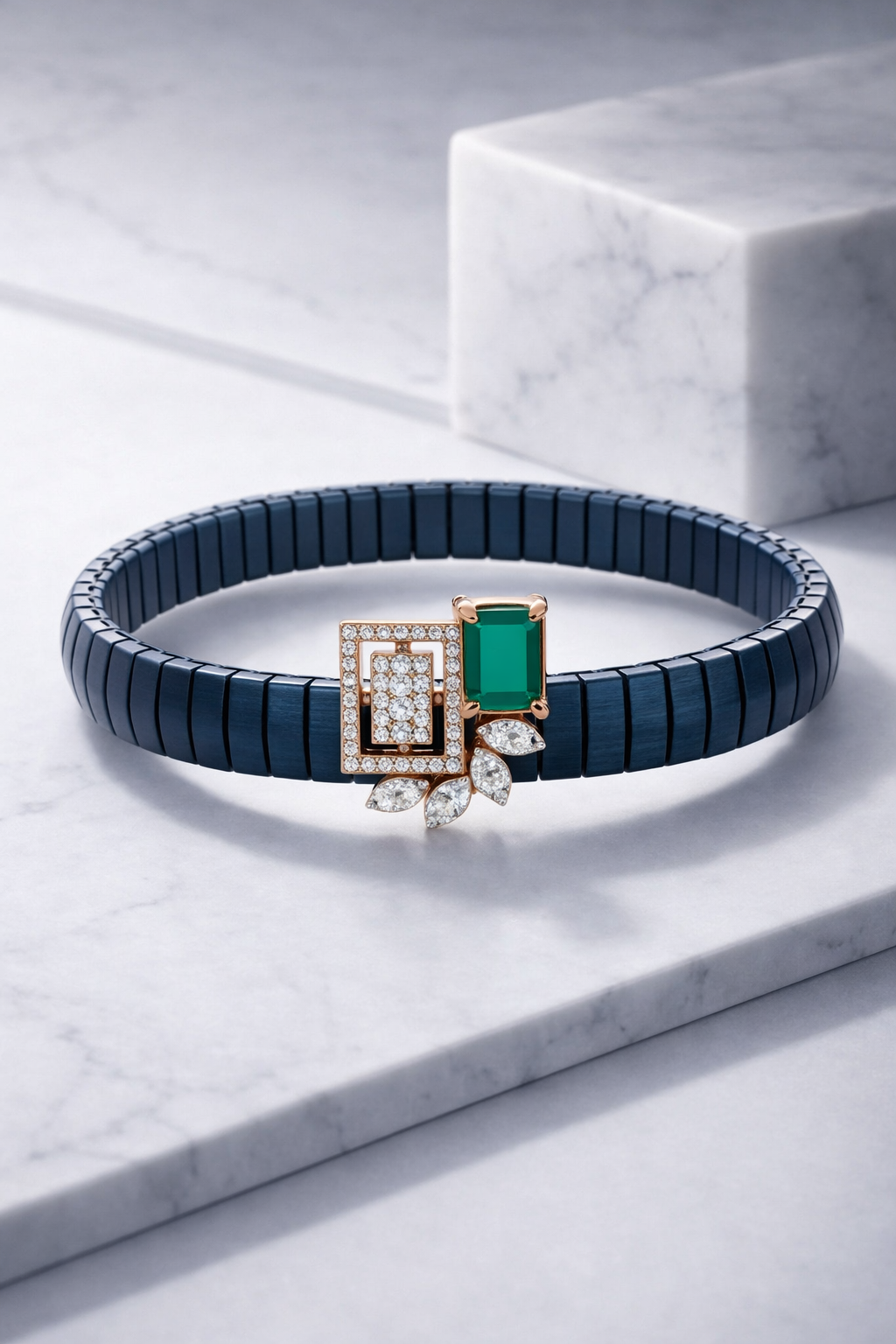 Premium Blue Enamel Stretch Bracelet with Emerald Cut Green Gem & Diamond Finish