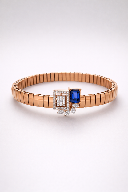 Premium Blue Enamel Stretch Bracelet with Emerald Cut Green Gem & Diamond Finish