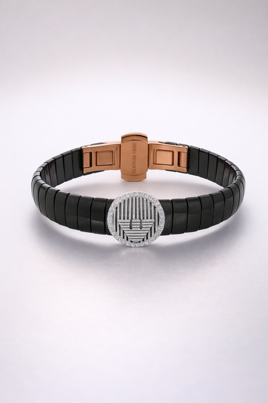 Regalia Crest Noir Diamond Halo Bracelet in Black Belt with Sculpted Rose Gold Clasp and Signature Luxury Finish