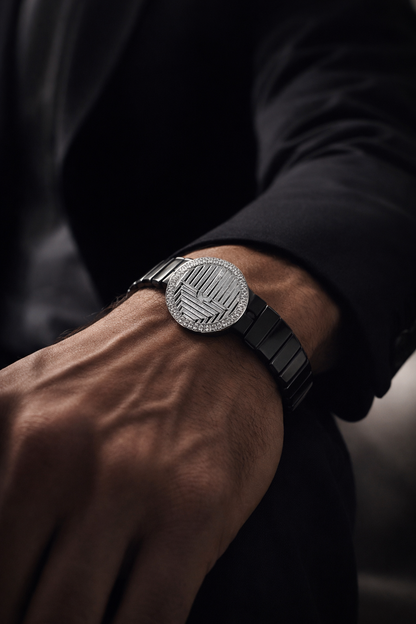 Regalia Crest Noir Diamond Halo Bracelet in Black Belt with Sculpted Rose Gold Clasp and Signature Luxury Finish