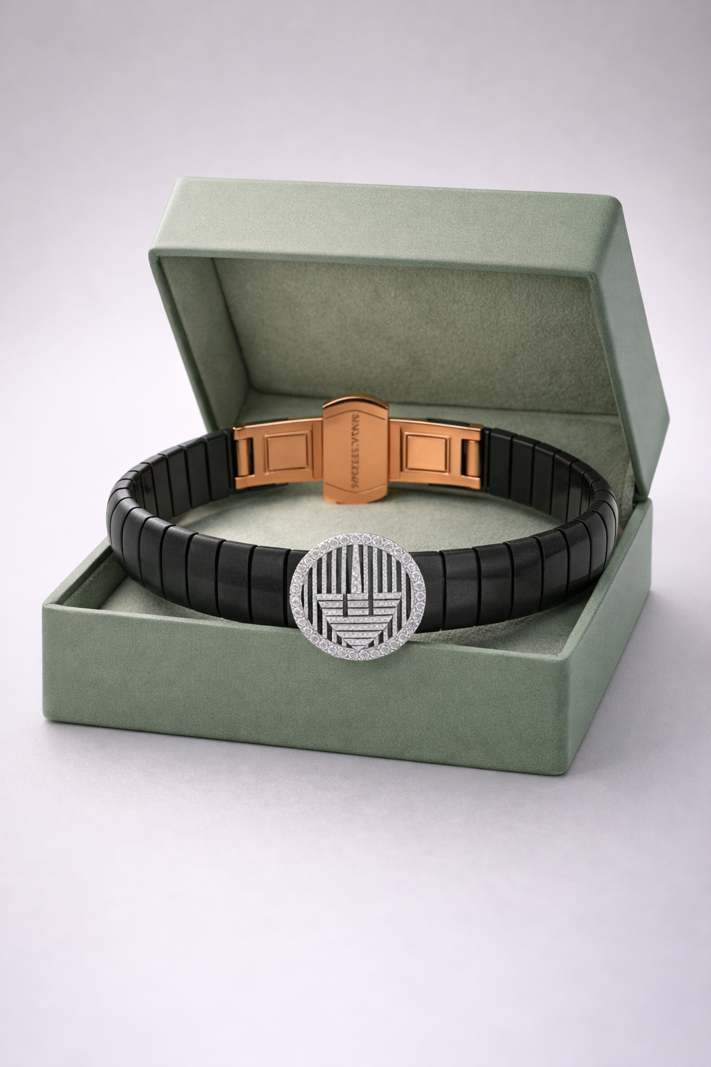 Regalia Crest Noir Diamond Halo Bracelet in Black Belt with Sculpted Rose Gold Clasp and Signature Luxury Finish
