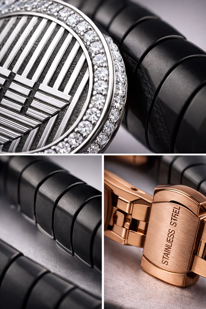 Regalia Crest Noir Diamond Halo Bracelet in Black Belt with Sculpted Rose Gold Clasp and Signature Luxury Finish