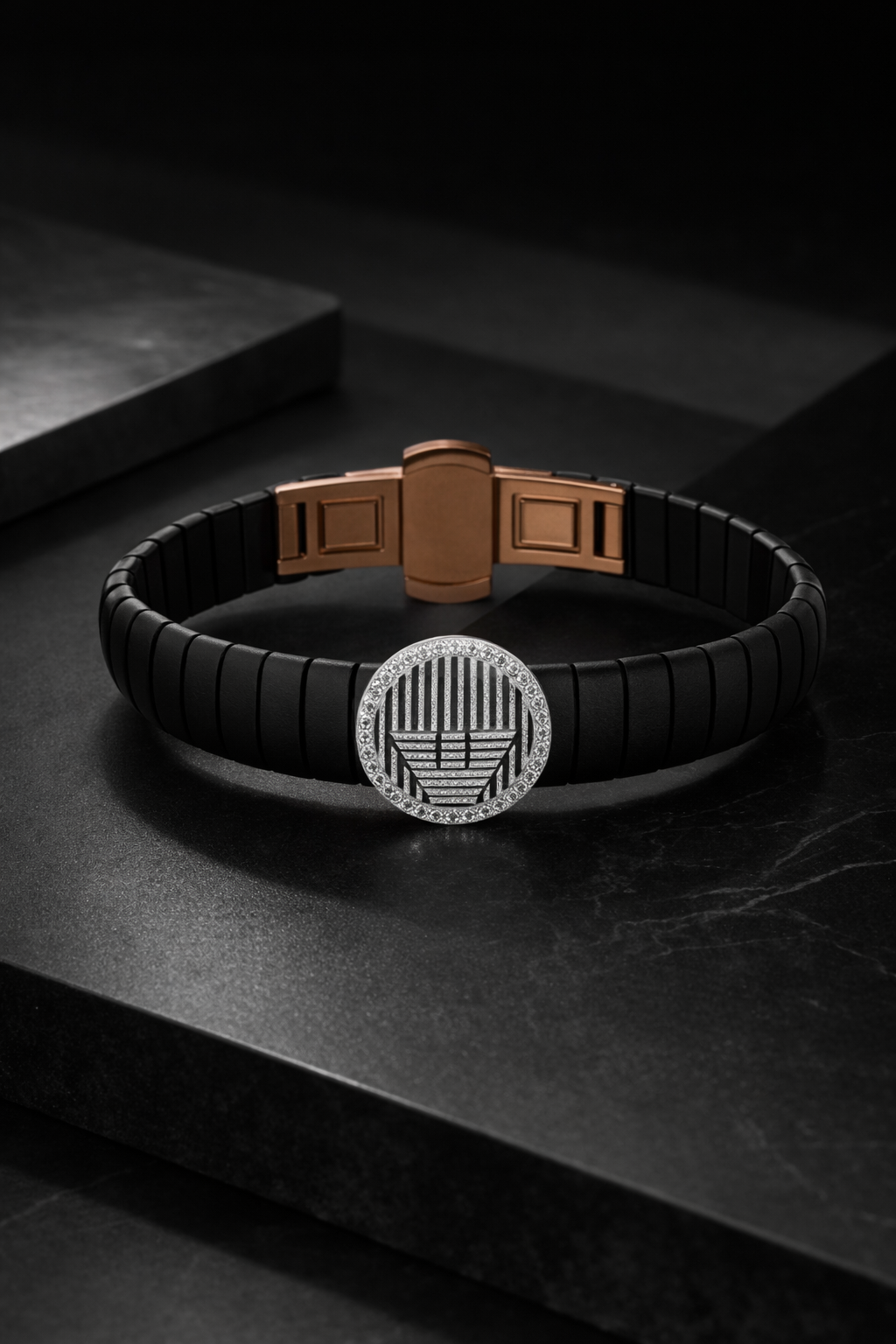 Regalia Crest Noir Diamond Halo Bracelet in Black Belt with Sculpted Rose Gold Clasp and Signature Luxury Finish