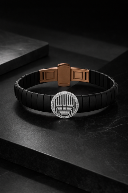 Regalia Crest Noir Diamond Halo Bracelet in Black Belt with Sculpted Rose Gold Clasp and Signature Luxury Finish