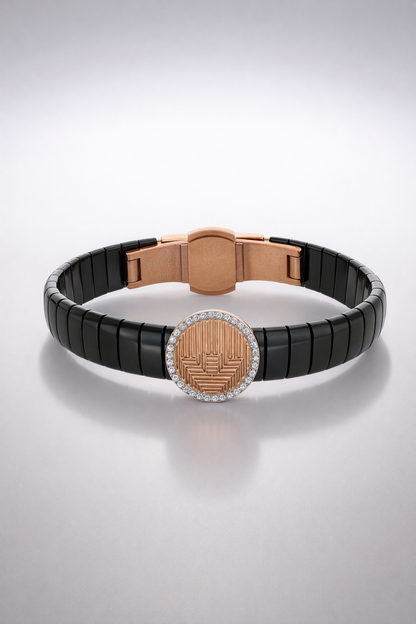 Regalia Crest Noir Diamond Halo Bracelet in Black Belt with Sculpted Rose Gold Clasp and Signature Luxury Finish