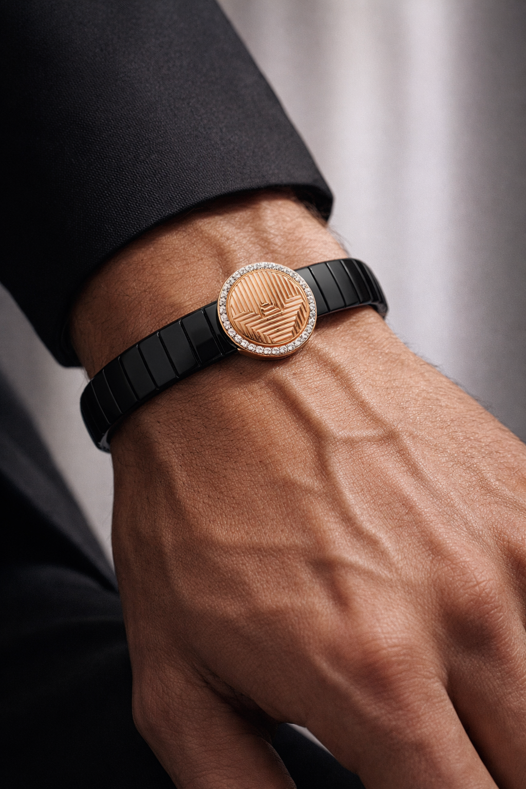 Regalia Crest Noir Diamond Halo Bracelet in Black Belt with Sculpted Rose Gold Clasp and Signature Luxury Finish