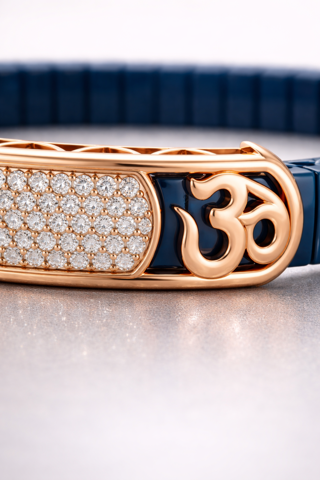 Sacred Om Lumière Bracelet in Deep Blue Enamel, Rose Gold & Diamond Pavé