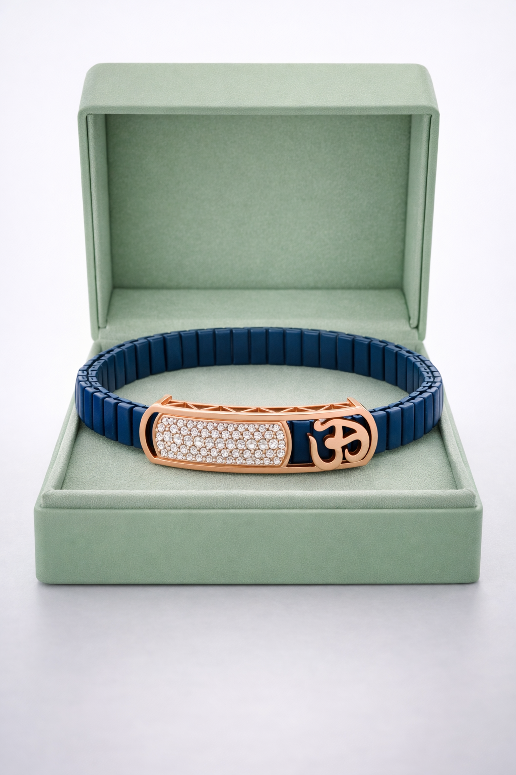 Sacred Om Lumière Bracelet in Deep Blue Enamel, Rose Gold & Diamond Pavé
