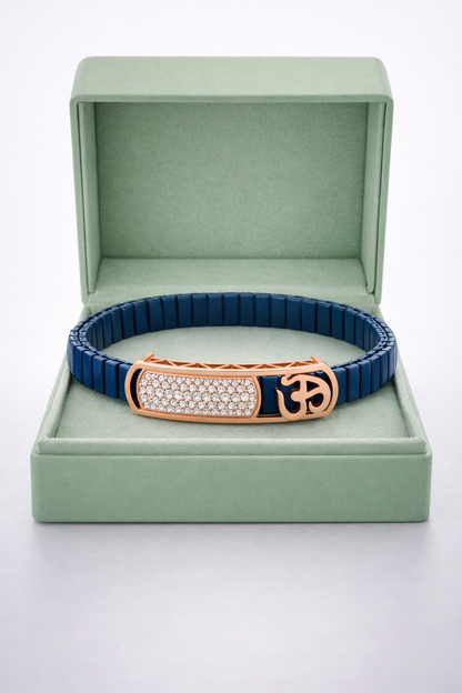 Sacred Om Lumière Bracelet in Deep Blue Enamel, Rose Gold & Diamond Pavé