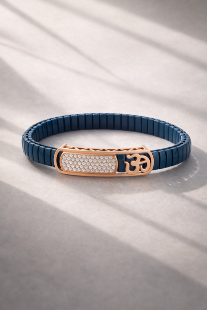 Sacred Om Lumière Bracelet in Deep Blue Enamel, Rose Gold & Diamond Pavé