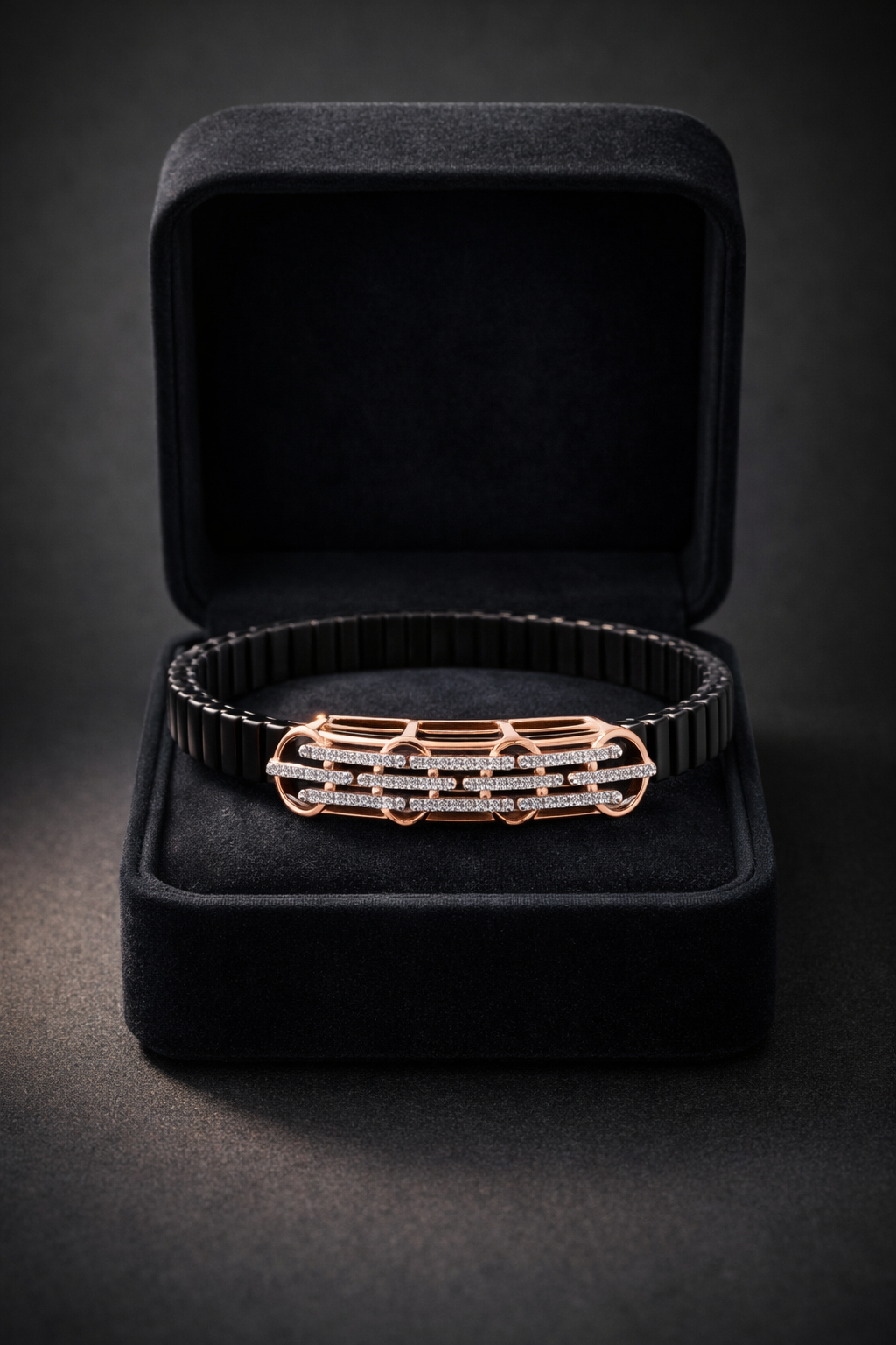 Noir Radiance Rail Bracelet in Black Enamel, Rose Gold & Diamond Pavé