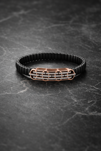 Noir Radiance Rail Bracelet in Black Enamel, Rose Gold & Diamond Pavé