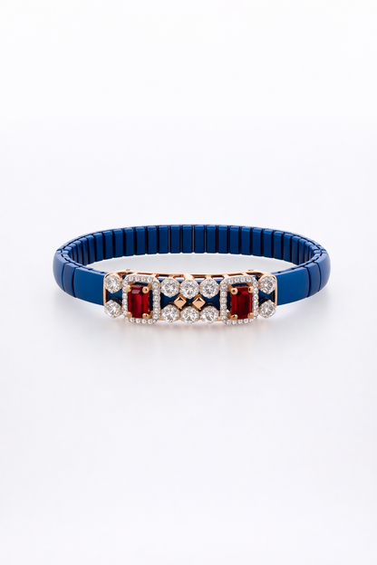Imperial Ruby Symphony Bracelet in Blue Stretchable Belt & Rose Gold