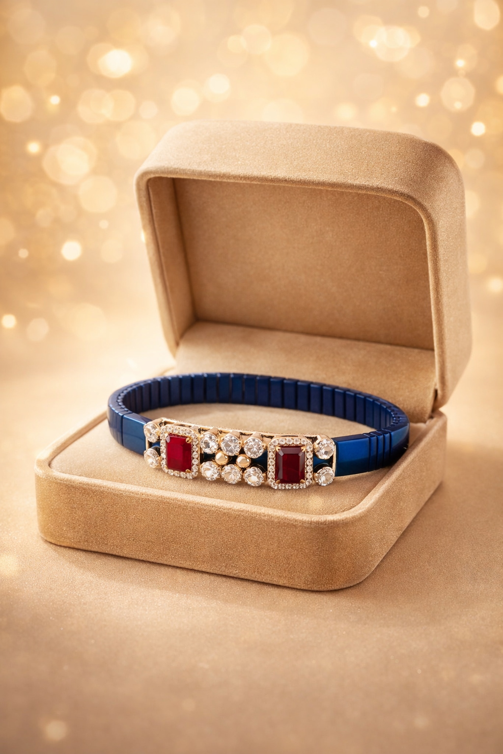 Imperial Ruby Symphony Bracelet in Blue Stretchable Belt & Rose Gold