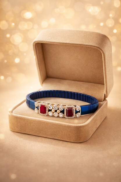 Imperial Ruby Symphony Bracelet in Blue Stretchable Belt & Rose Gold