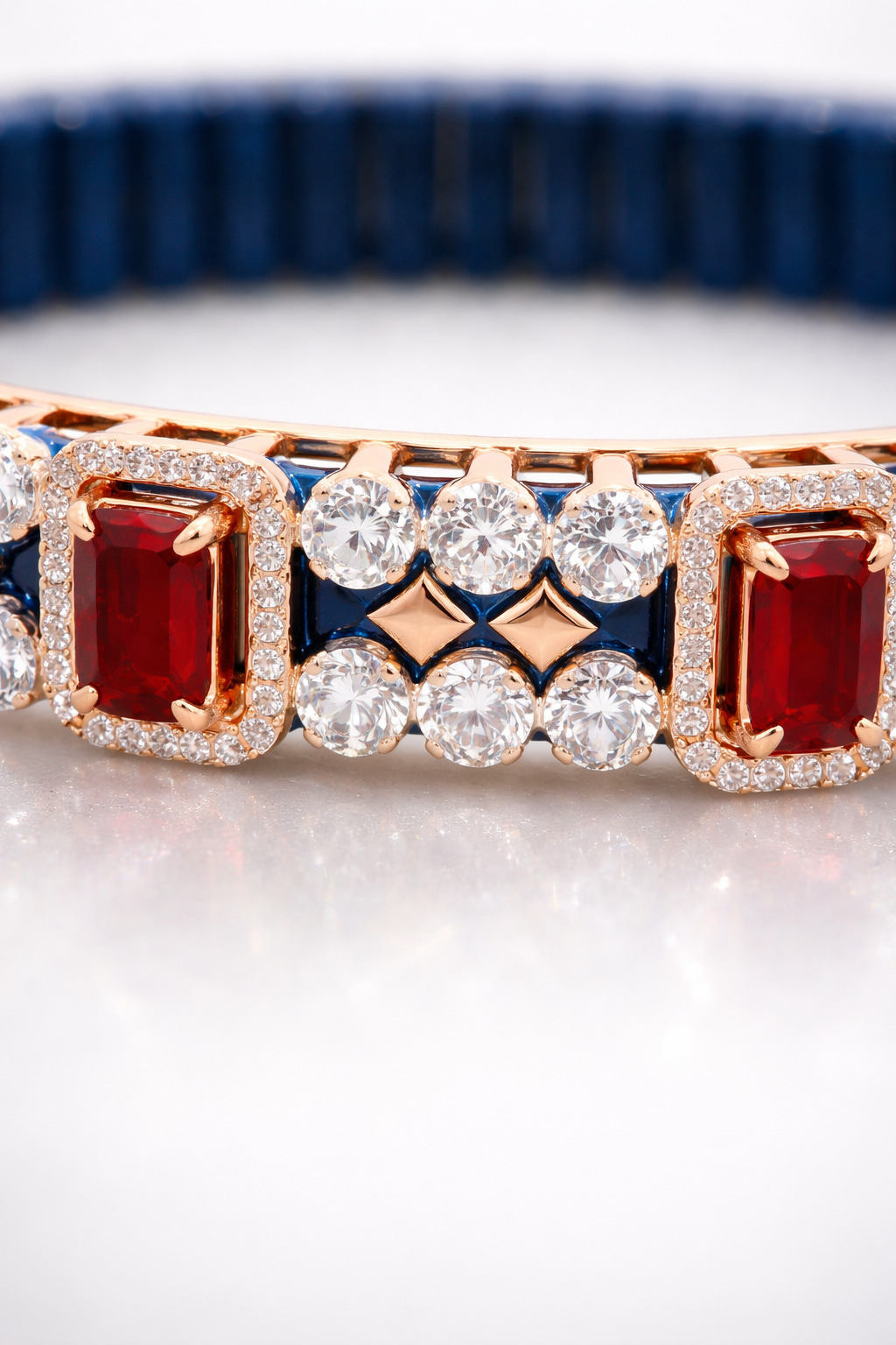 Imperial Ruby Symphony Bracelet in Blue Stretchable Belt & Rose Gold