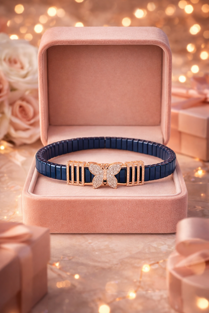 Celeste Butterfly Unisex Bracelet in Deep Blue Enamel with Diamond Accents
