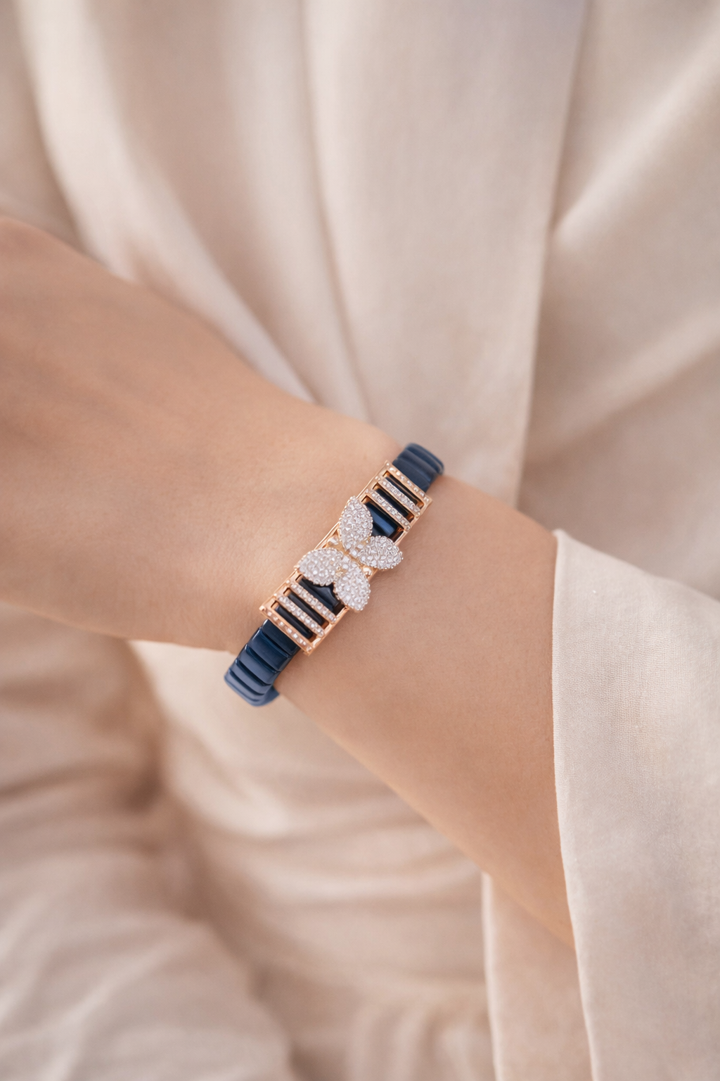 Celeste Butterfly Unisex Bracelet in Deep Blue Enamel with Diamond Accents
