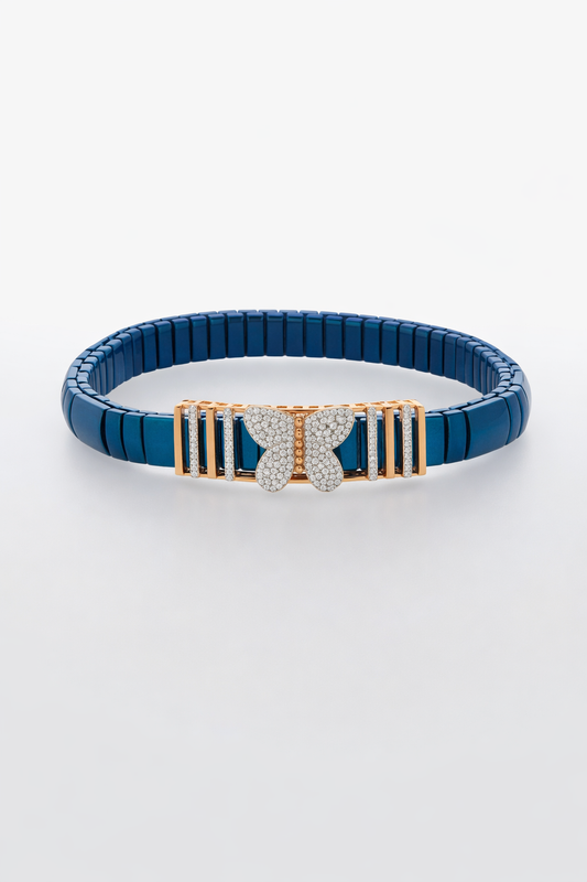 Celeste Butterfly Unisex Bracelet in Deep Blue Enamel with Diamond Accents