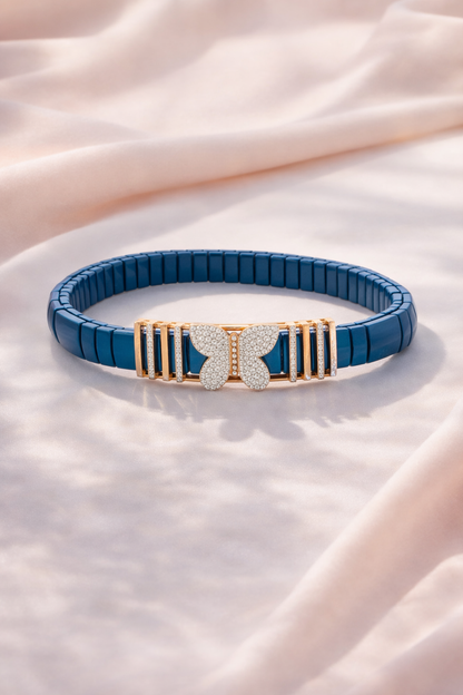 Celeste Butterfly Unisex Bracelet in Deep Blue Enamel with Diamond Accents