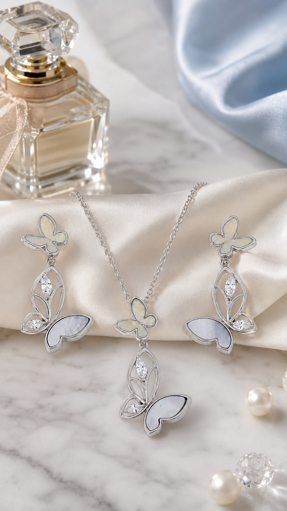 Elegant Silver Mother of Pearl Butterfly Pendant Necklace & Drop Earrings Jewelry Set