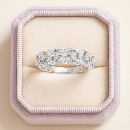 Sparkling Cluster Silver Band Ring with Marquise Stones