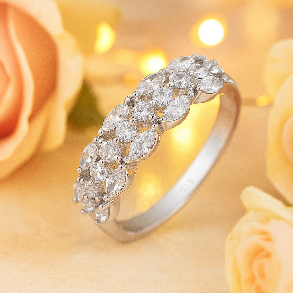 Sparkling Cluster Silver Band Ring with Marquise Stones