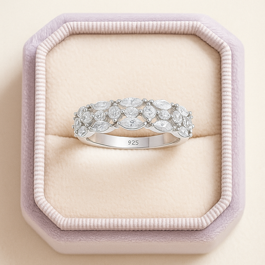 Sparkling Cluster Silver Band Ring with Marquise Stones