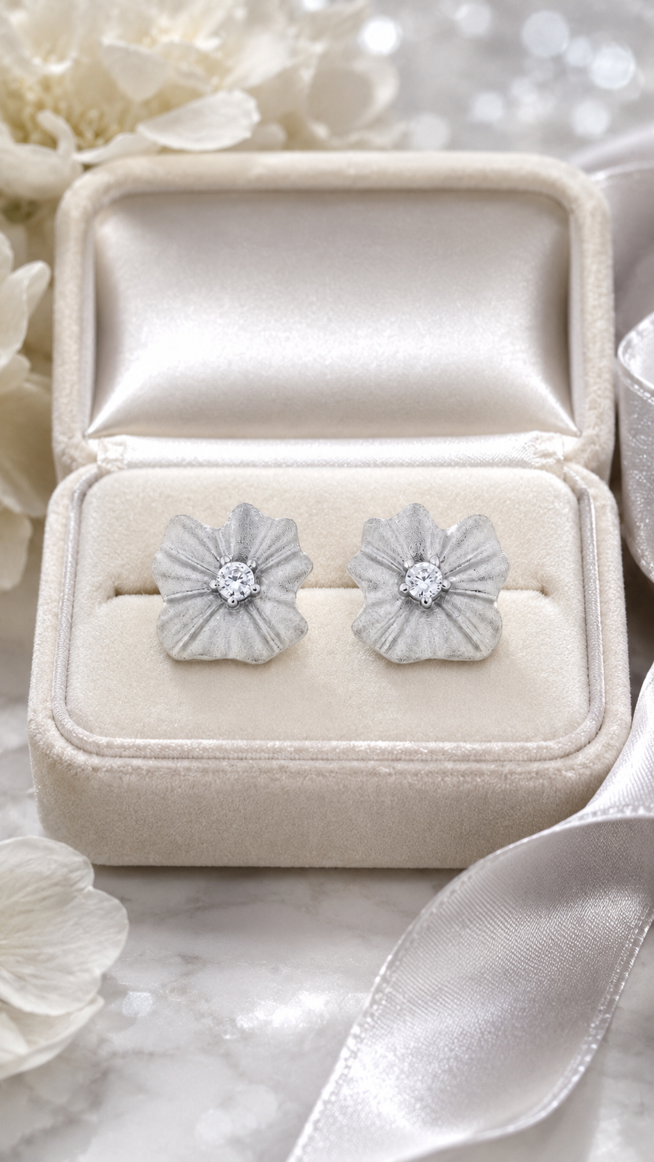 Elegant Silver Floral CZ Stud Earrings