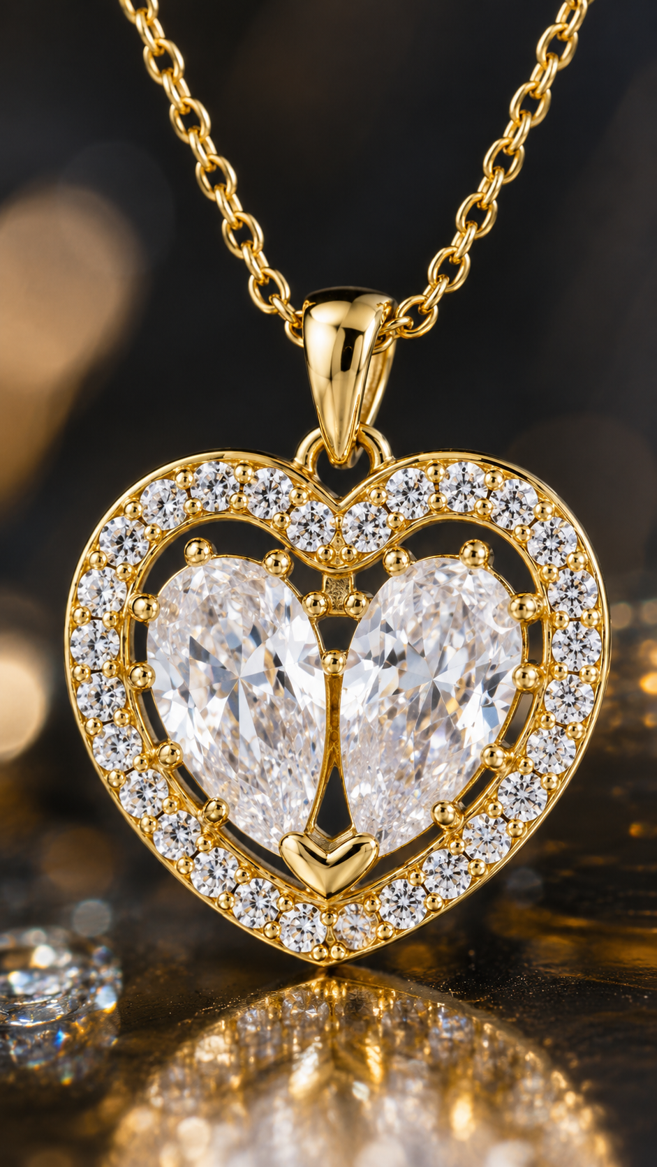 Elegant Gold Twin Heart Halo CZ Pendant Necklace