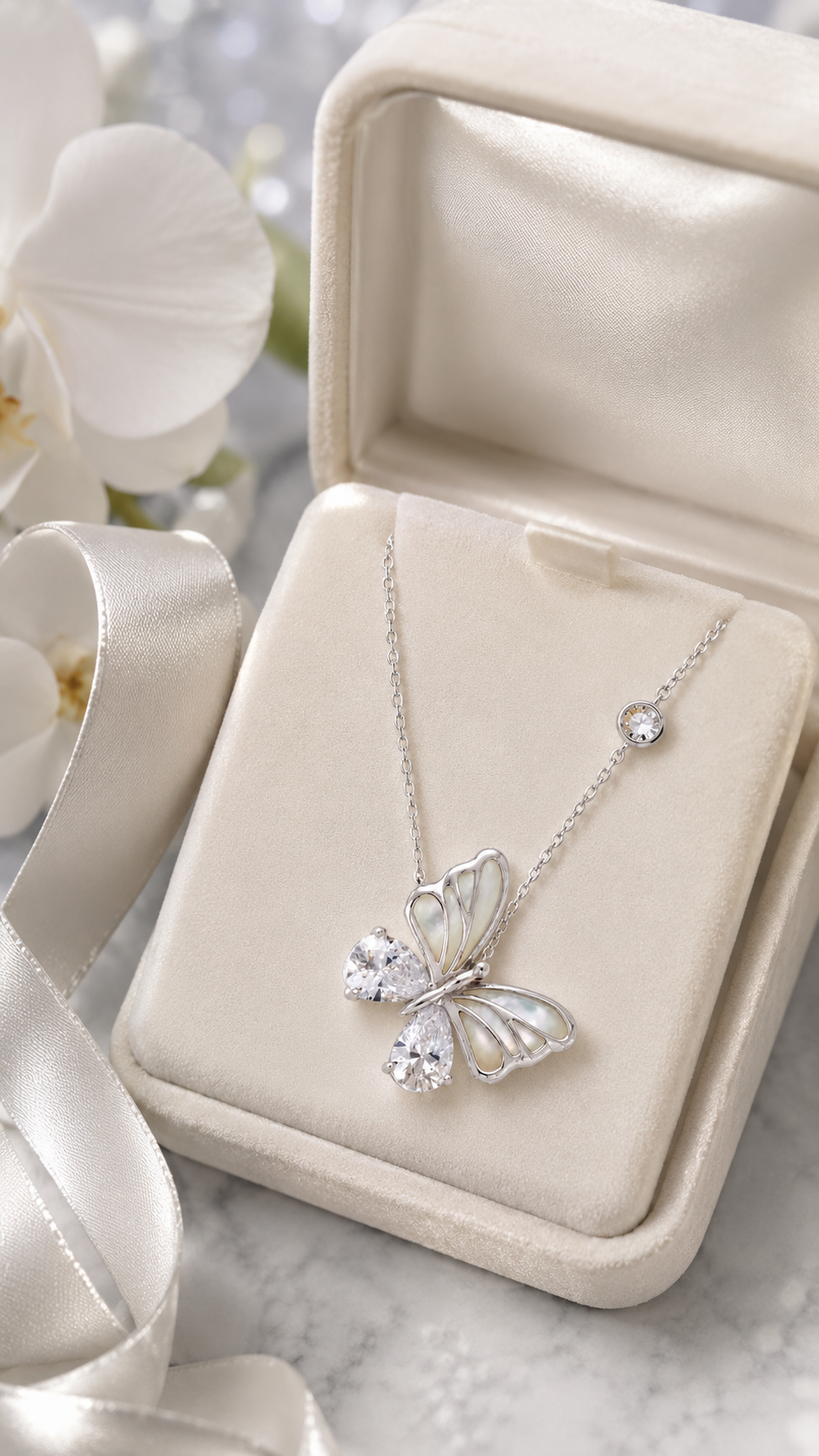 Elegant Silver Butterfly Pearl CZ Pendant Necklace