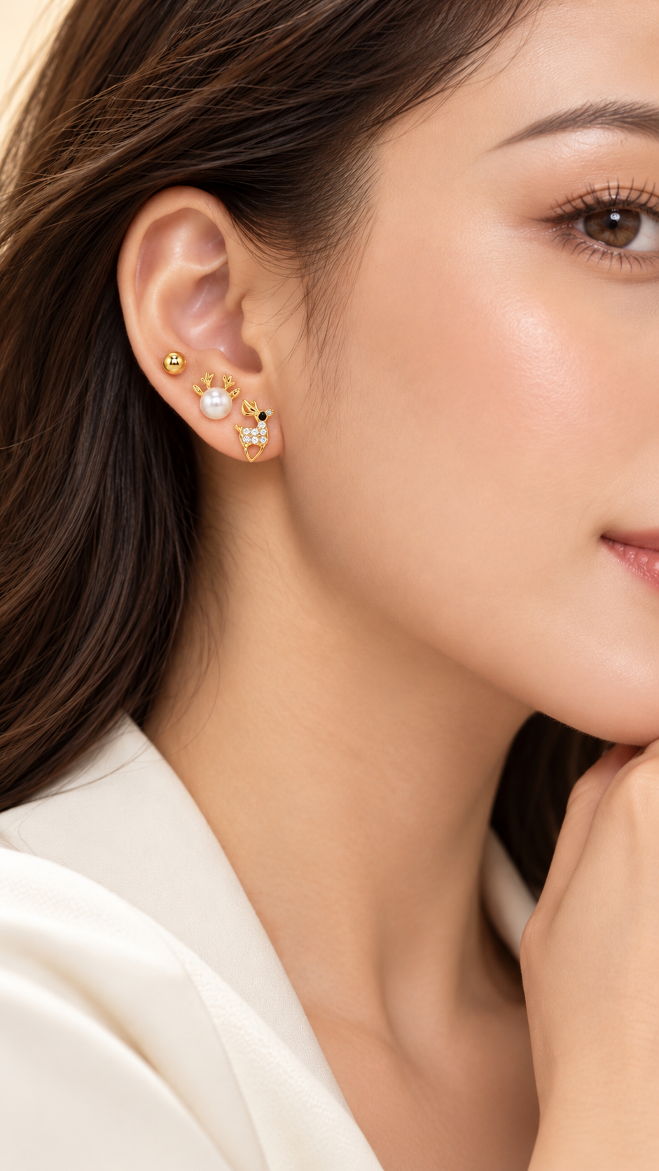 Reindeer, Pearl Antler & Ball Stud Earrings Set - Aaryahi Silver jewellery product photo