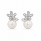 Silver Floral CZ Pearl Drop Stud Earrings for Women