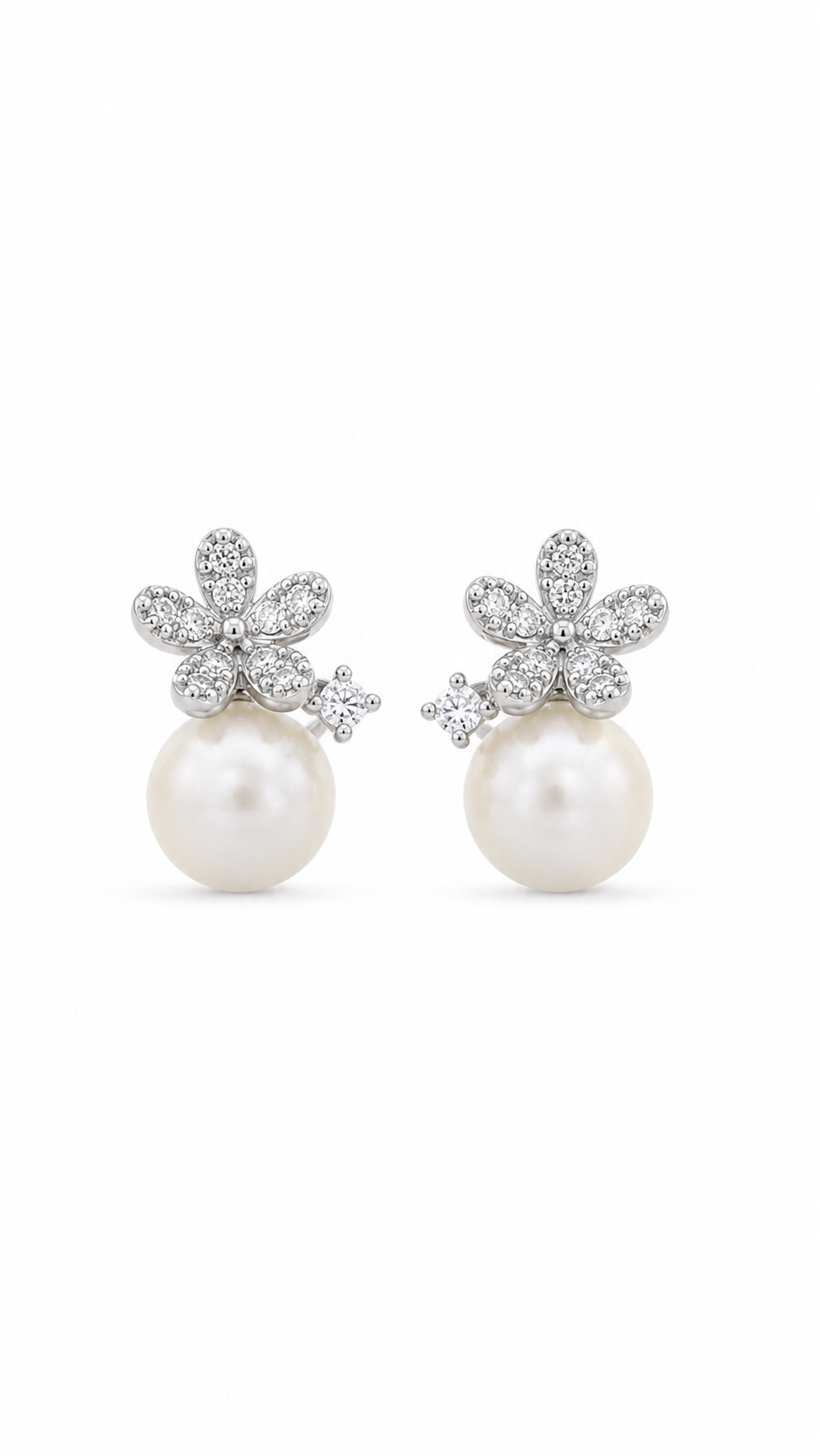 Silver Floral CZ Pearl Drop Stud Earrings for Women