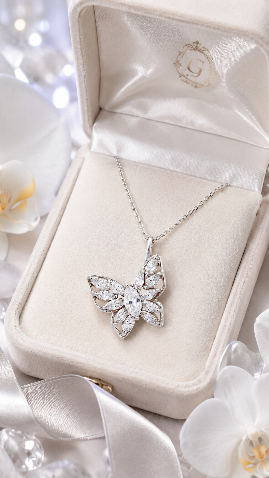 Elegant Silver Butterfly Marquise CZ Pendant Necklace
