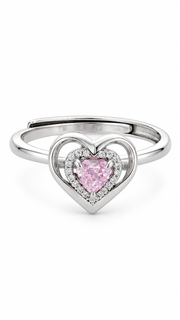 Silver Pink CZ Double Heart Adjustable Ring