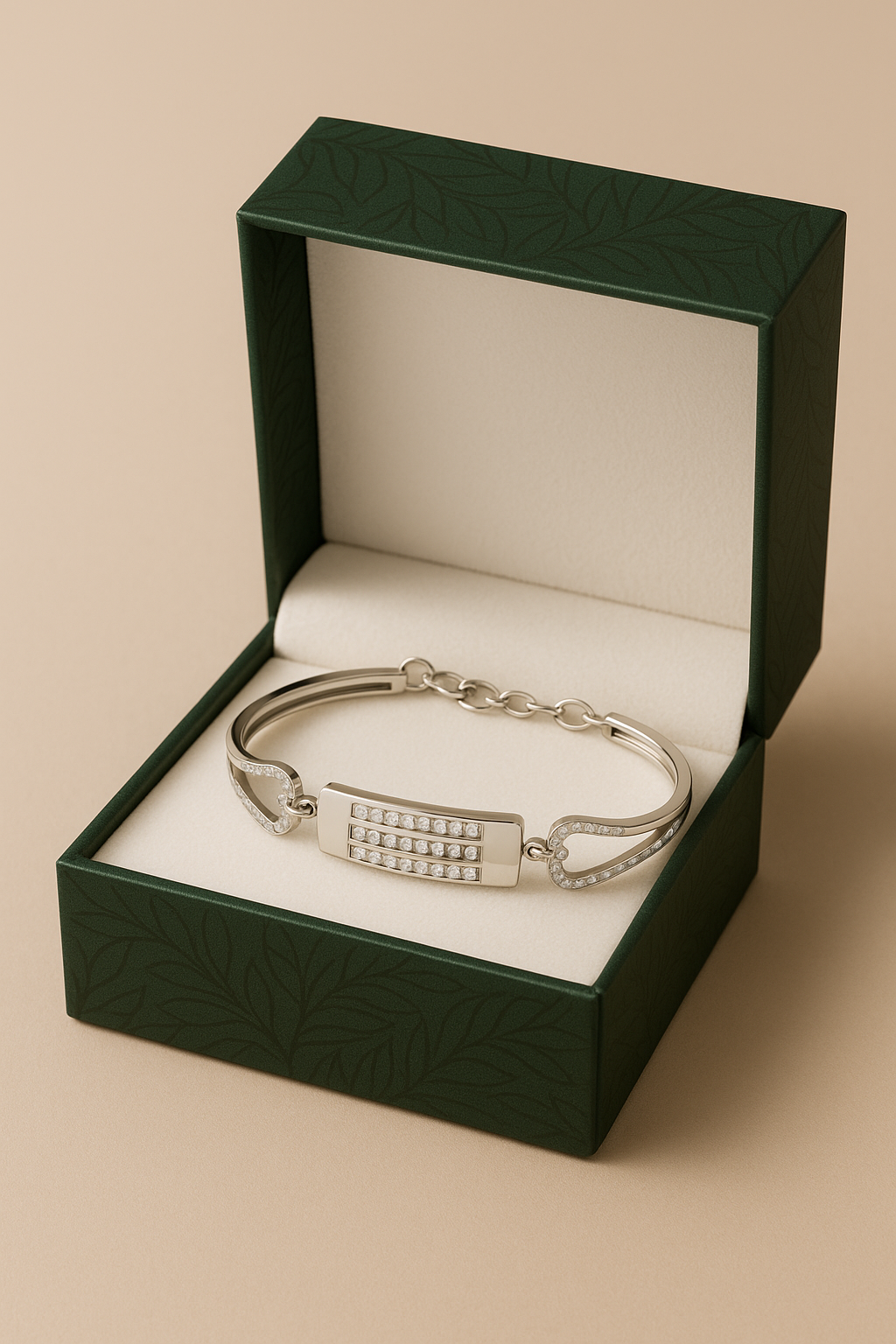 Silver Triple-Row CZ Plate Bracelet with Heart-Cut Sides