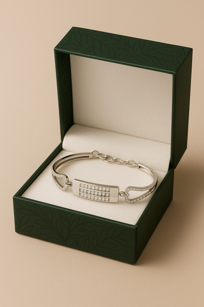 Silver Triple-Row CZ Plate Bracelet with Heart-Cut Sides