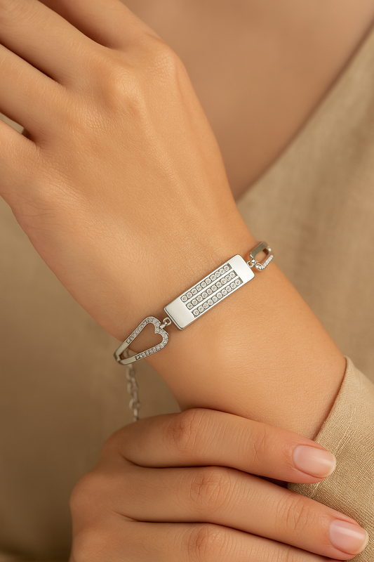 Silver Triple-Row CZ Plate Bracelet with Heart-Cut Sides
